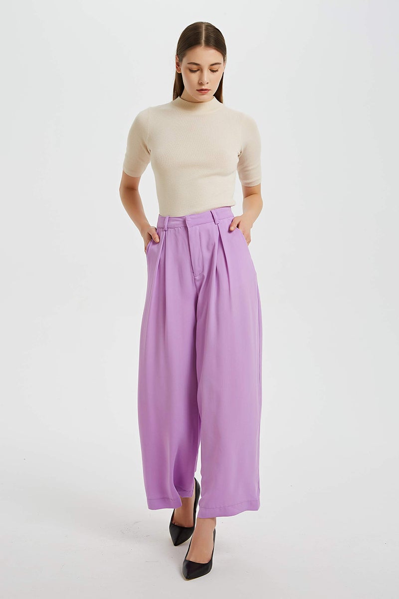 Tronjori Women High Waist Casual Wide Leg Long Palazzo Pants Trousers Regular Size(S, Lilac) - Image 3